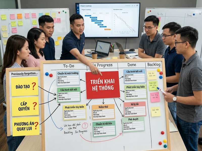 Tiến độ triển khai công nghệ theo công việc, phụ thuộc, nguồn lực và mốc kiểm soát